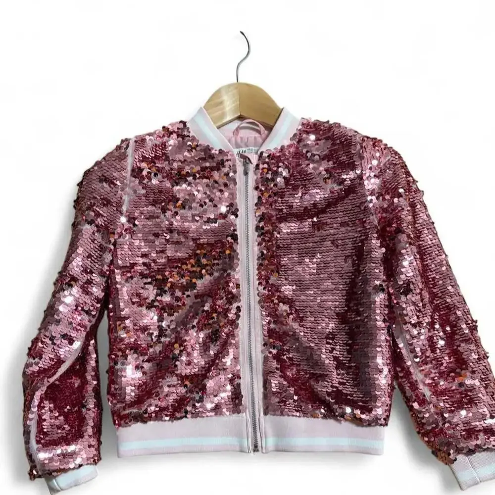 H&M Girls Pink Sequin Unicorn Bomber Jacket Size 7-8Y